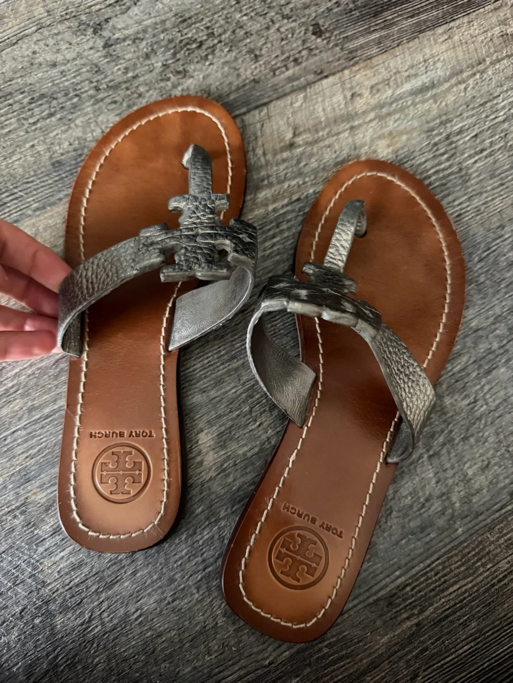 Tory Burch Metallic Leather Thong Sandals - Bronze
